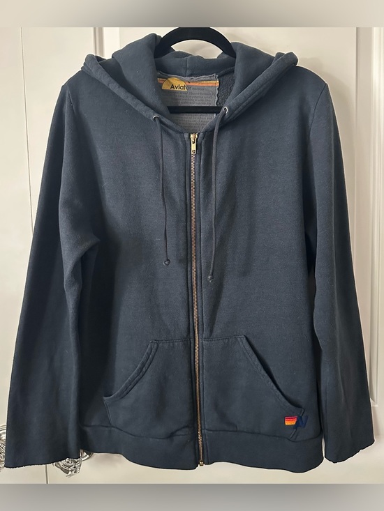 Aviator Nation Tops - Aviator Nation Navy Gold Bolt Zip Hoodie Women’s Large Raw Edge Sleeves
